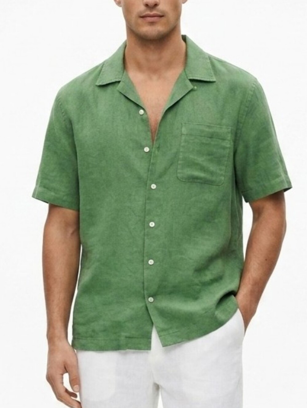 ZARA 100% Linen Short Sleeve Button Up Shirt Green Medium Camp Collar